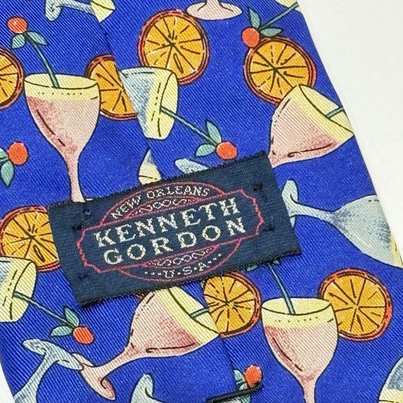 Kenneth Gordon Tie Silk Cocktail Martini Drinks Print Blue Wide 4” Italy Vintage - Picture 6 of 10